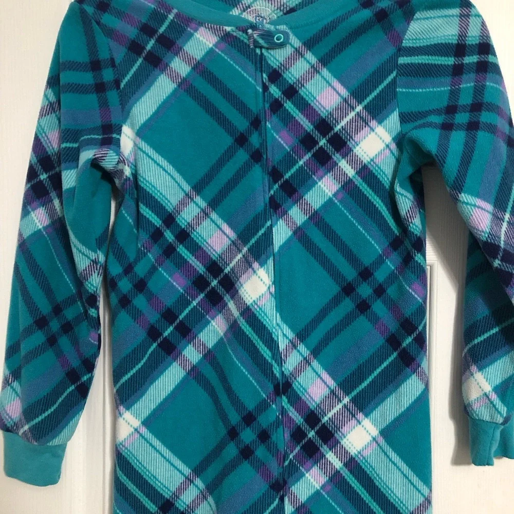 SO brand ONE PIECE zip up teal‎ blue plaid pajama girls size 7/8 with feet